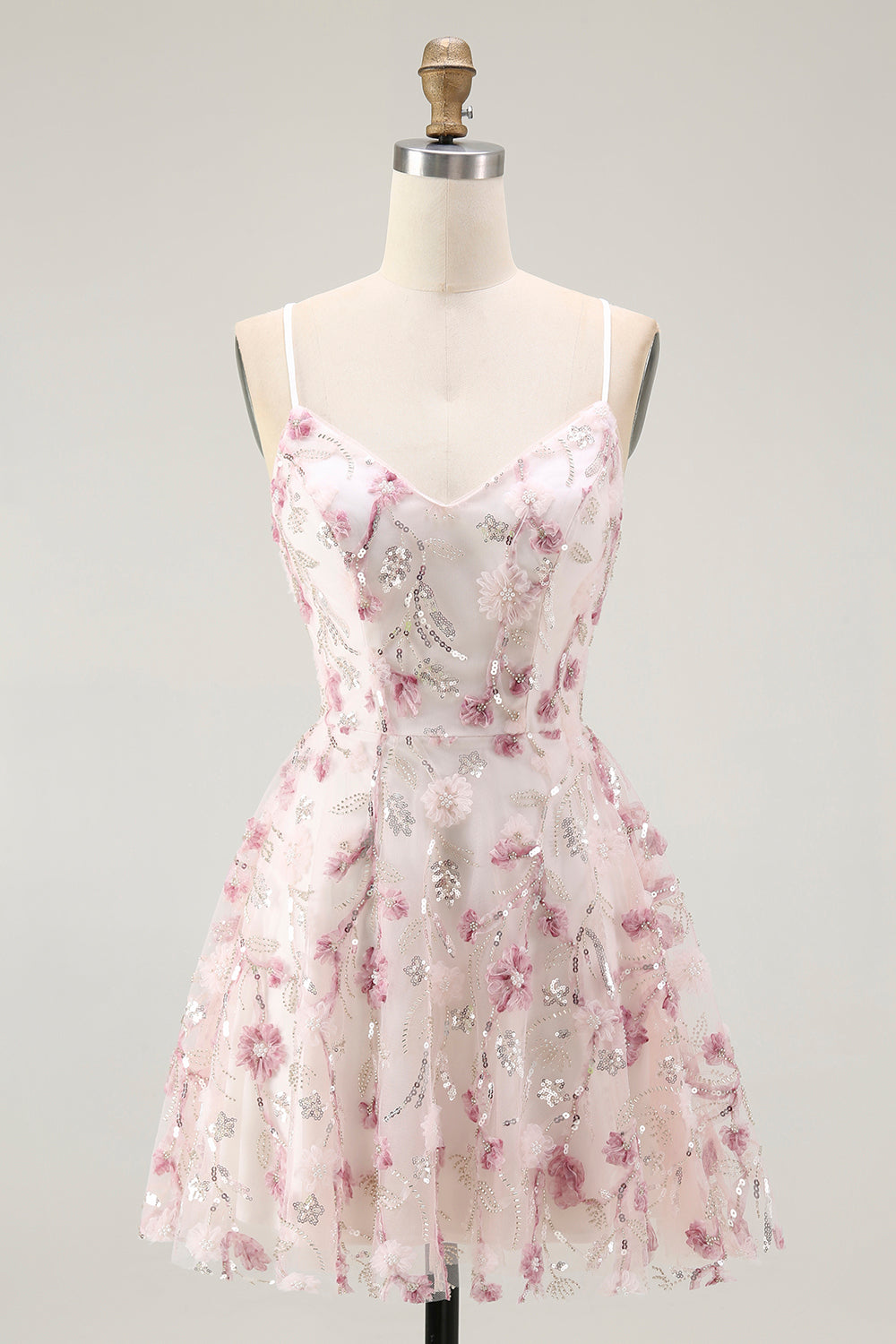 Sparkly Pink Floral A Line Short Cocktail Dress with Sequins