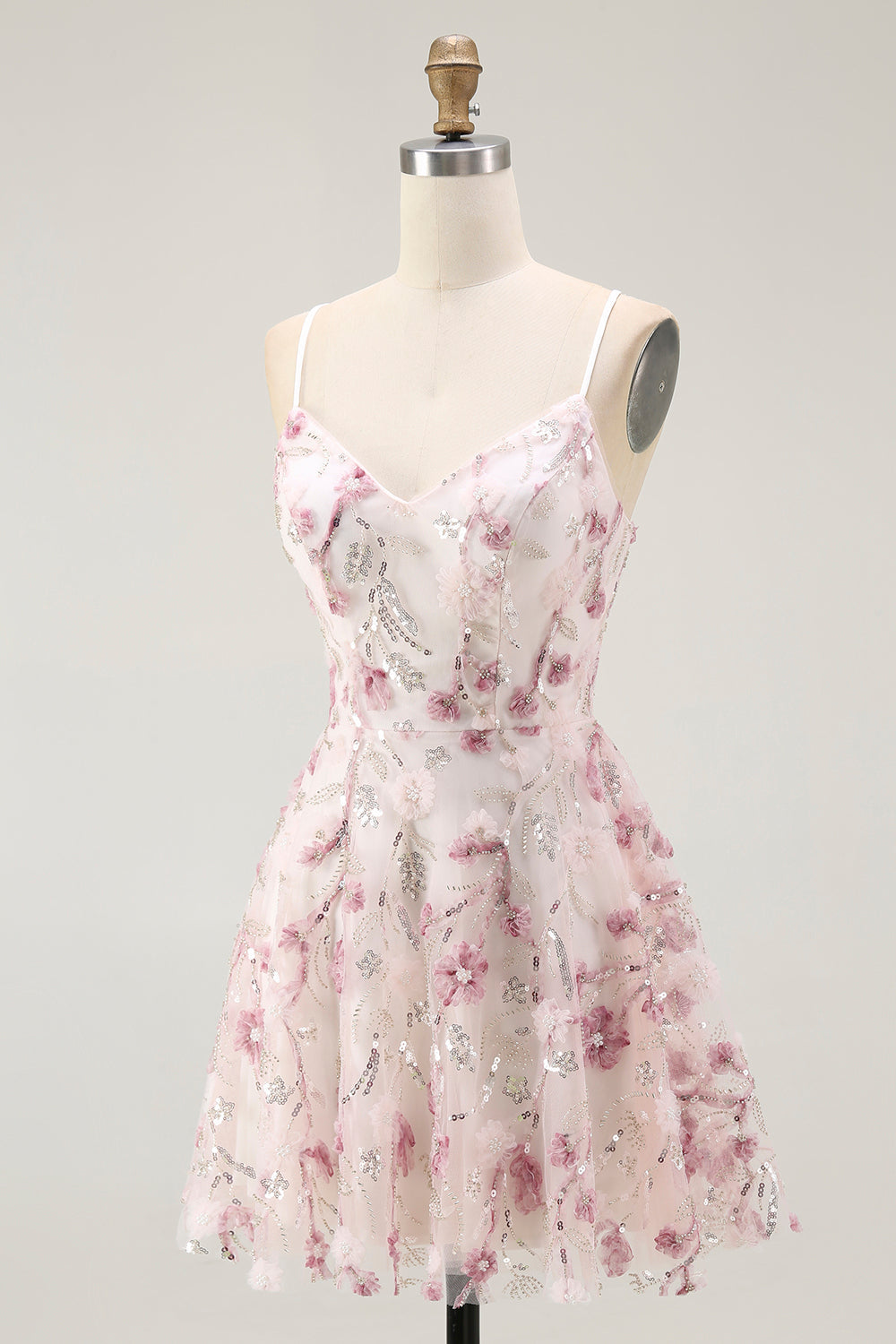 Sparkly Pink Floral A Line Short Cocktail Dress with Sequins