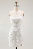 Sparkly Tight Floral Short Little White Dress with Beading