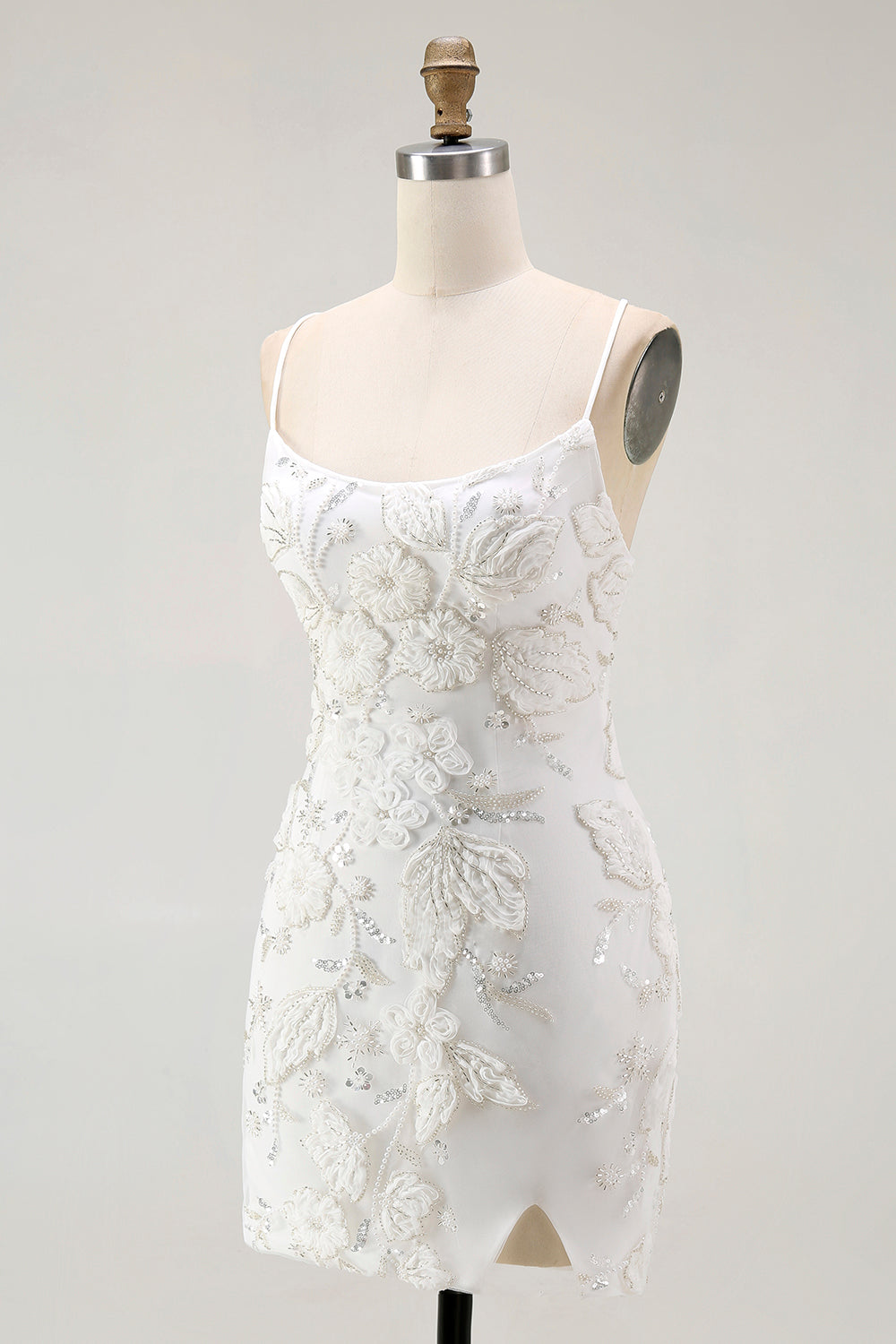 Sparkly Tight Floral Short Little White Dress with Beading