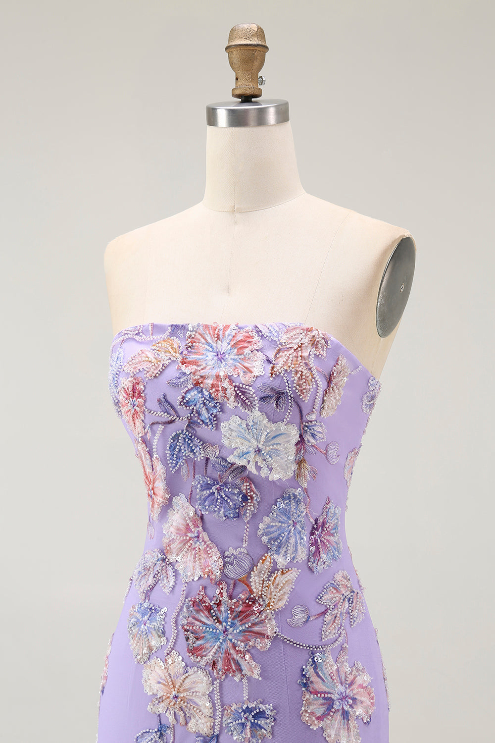 Sparkly Purple Strapless Floral Maxi Prom Dress with Beading