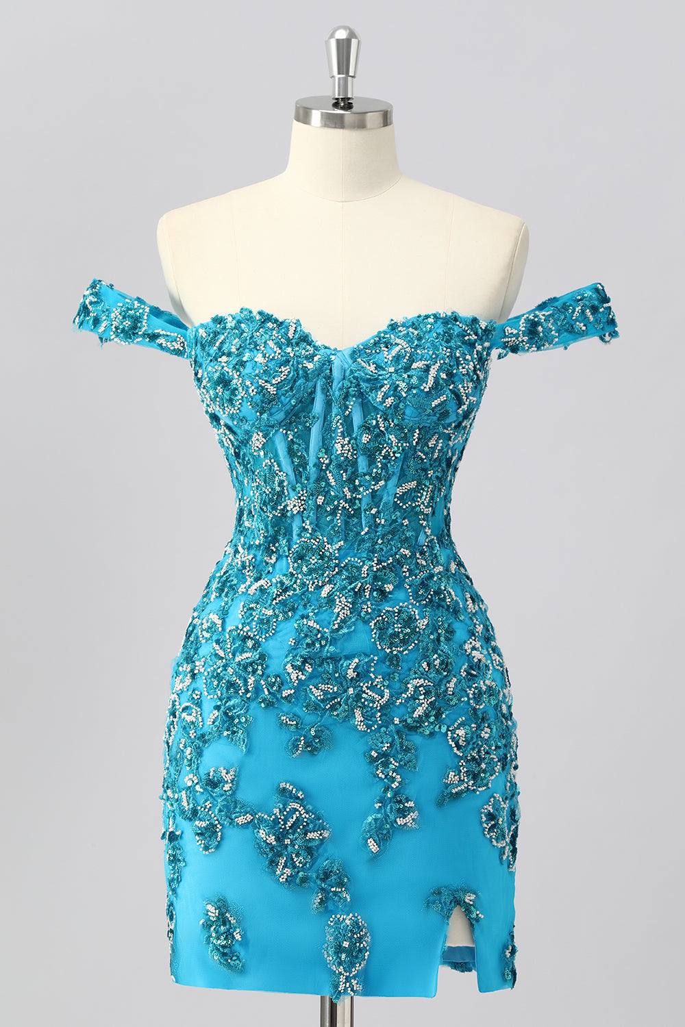 Sparkly Blue Corset Off the Shoulder Beaded Short Cocktail Dress