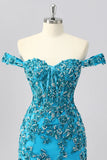 Sparkly Blue Corset Off the Shoulder Beaded Short Cocktail Dress