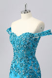 Sparkly Blue Corset Off the Shoulder Beaded Short Cocktail Dress