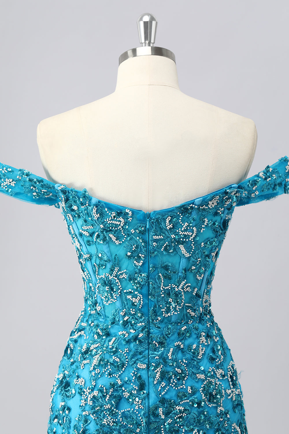 Sparkly Blue Corset Off the Shoulder Beaded Short Cocktail Dress