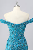 Sparkly Blue Corset Off the Shoulder Beaded Short Cocktail Dress