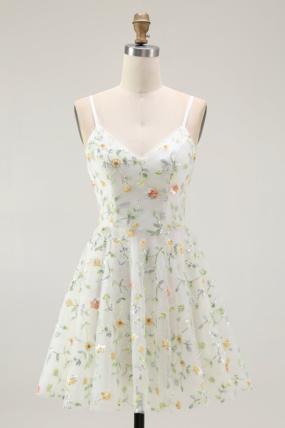 Sparkly Green Spaghetti Straps Floral Short Cocktail Dress with Sequins