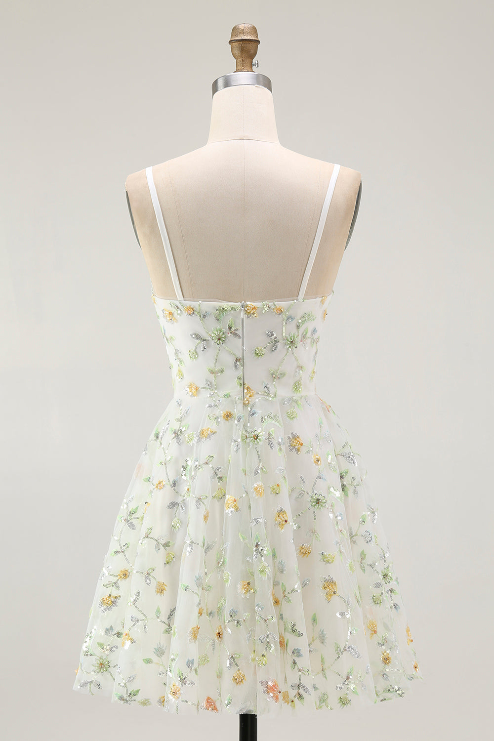 Sparkly Green Spaghetti Straps Floral Short Cocktail Dress with Sequins