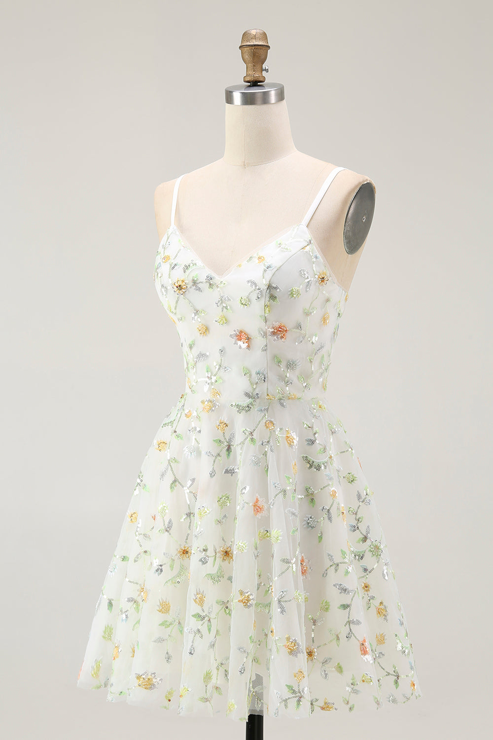 Sparkly Green Spaghetti Straps Floral Short Cocktail Dress with Sequins