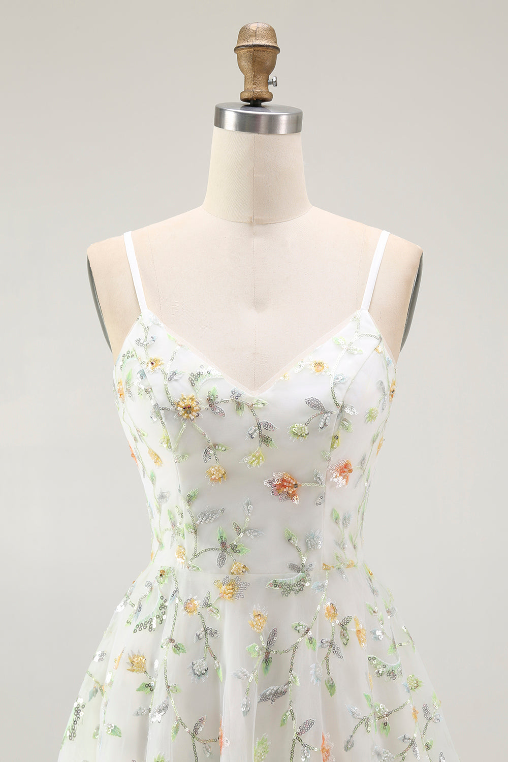 Sparkly Green Spaghetti Straps Floral Short Cocktail Dress with Sequins