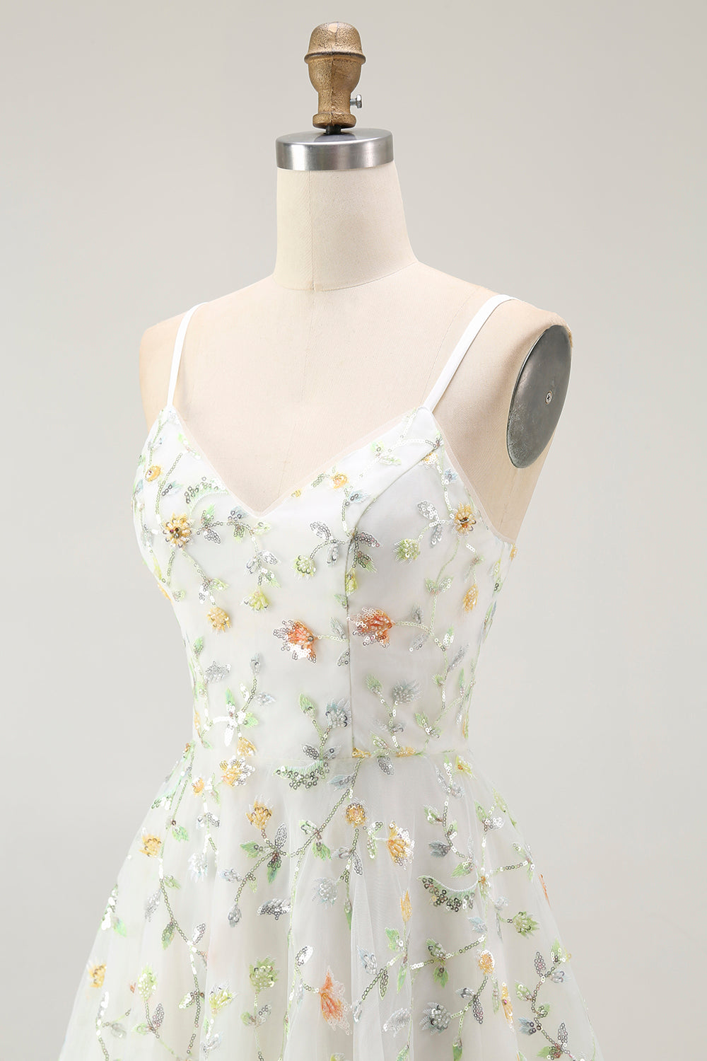 Sparkly Green Spaghetti Straps Floral Short Cocktail Dress with Sequins