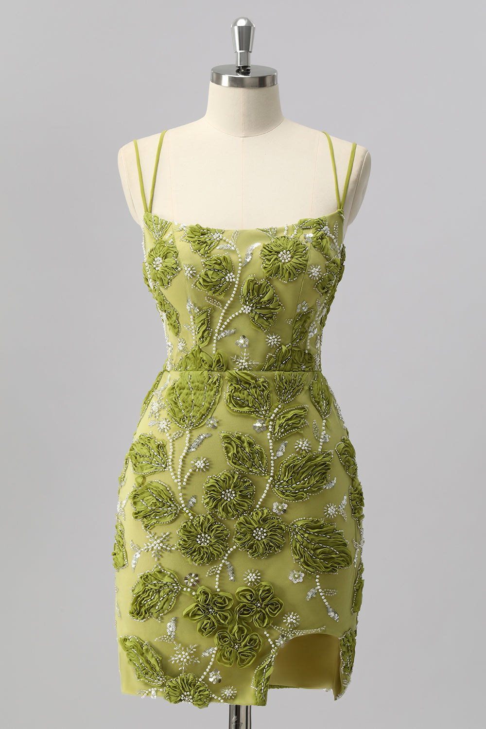 Sparkly Green Tight Floral Short Cocktail Dress with Beading