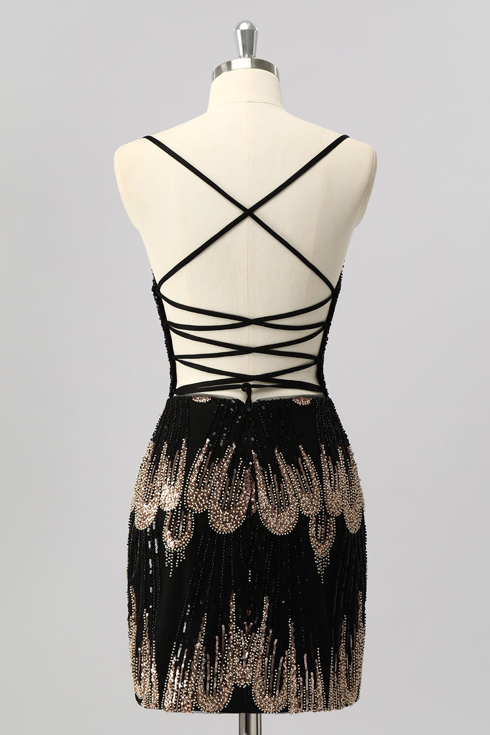 Sparkly Black Beaded Tight Lace up Back Short Cocktail Dress