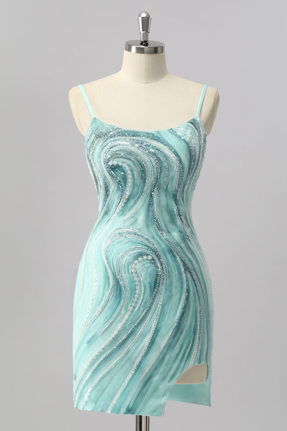 Green Sparkly Beaded Tight Short Cocktail Dress with Slit