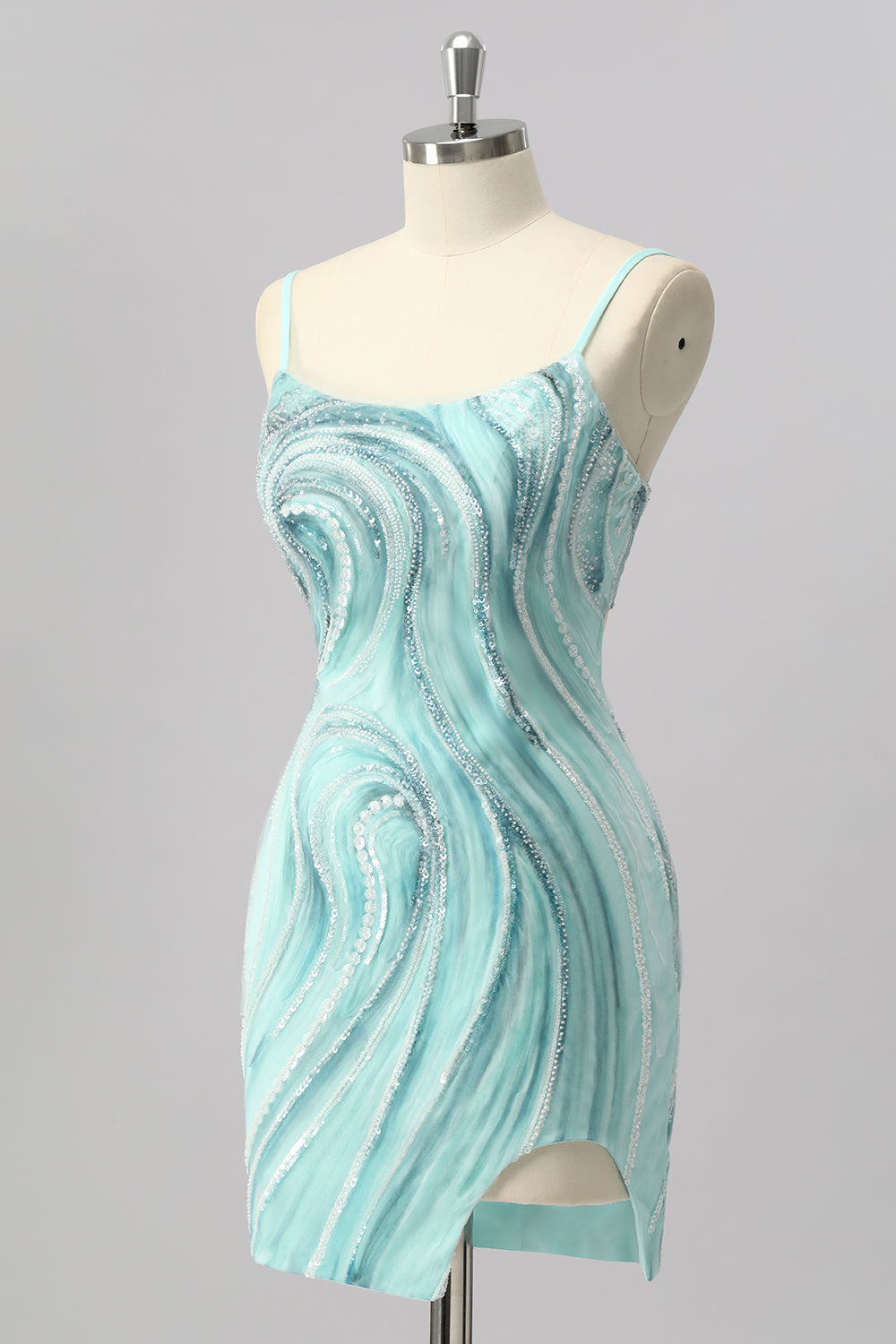 Green Sparkly Beaded Tight Short Cocktail Dress with Slit