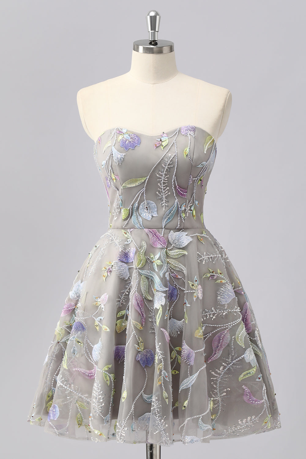 Grey Sweetheart Floral A Line Short Cocktail Dress with Beading