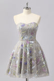 Grey Sweetheart Floral A Line Short Cocktail Dress with Beading