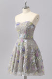 Grey Sweetheart Floral A Line Short Cocktail Dress with Beading