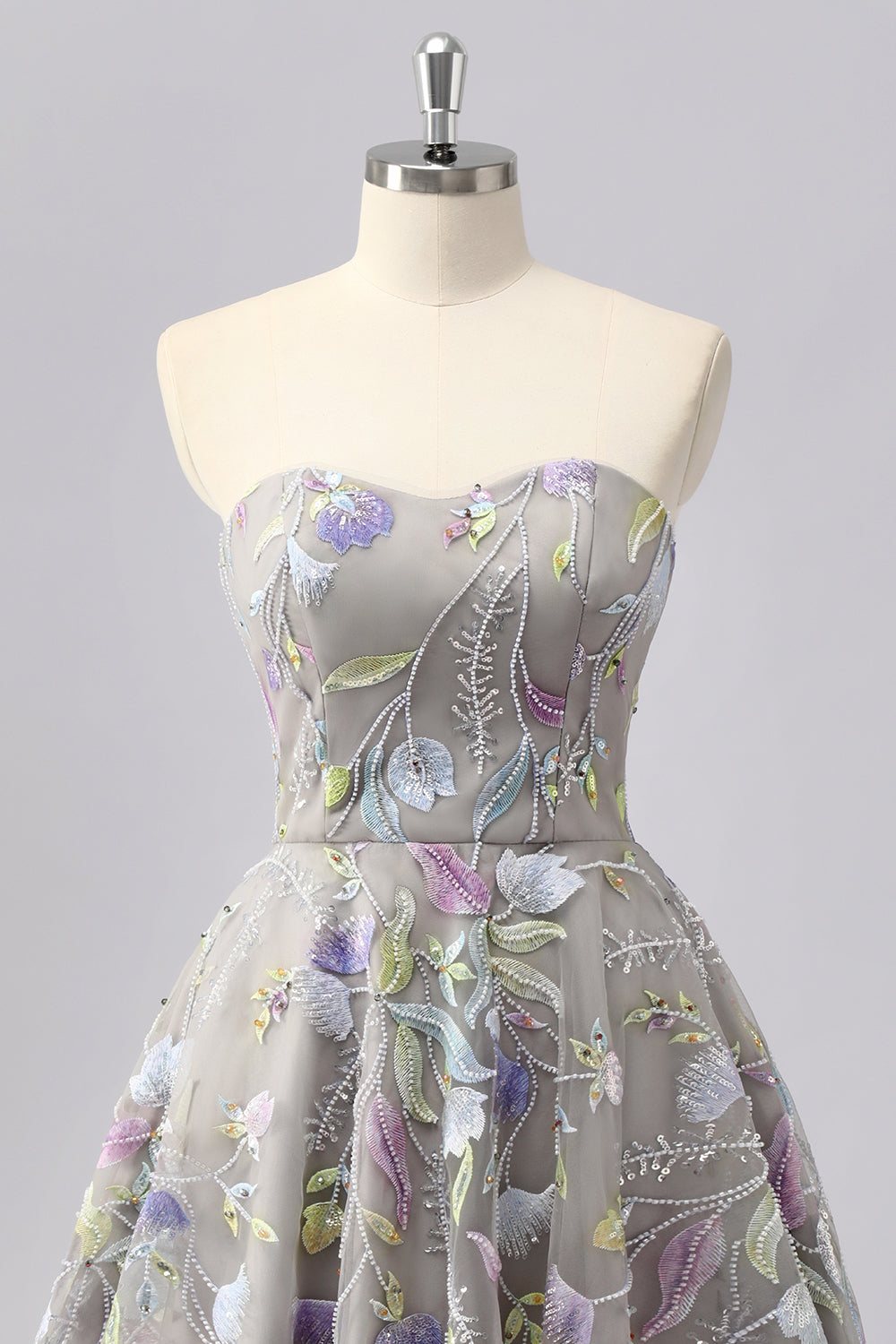 Grey Sweetheart Floral A Line Short Cocktail Dress with Beading