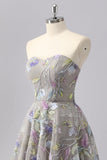 Grey Sweetheart Floral A Line Short Cocktail Dress with Beading