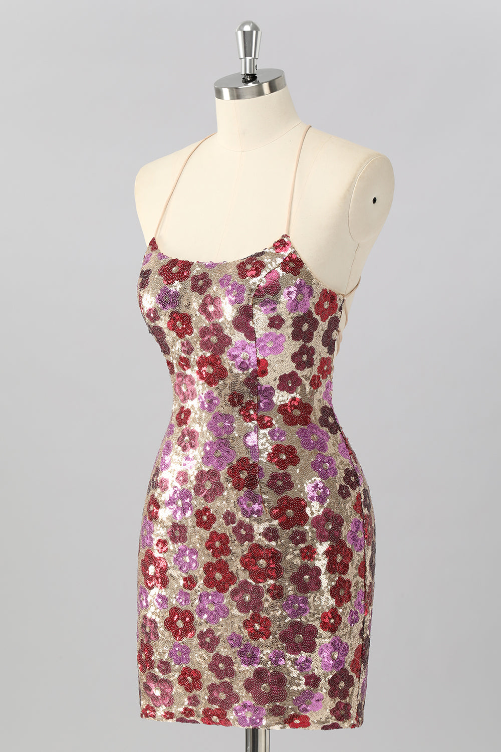 Sparkly Red Floral Sequin Tight Short Criss Cross Back Cocktail Dress