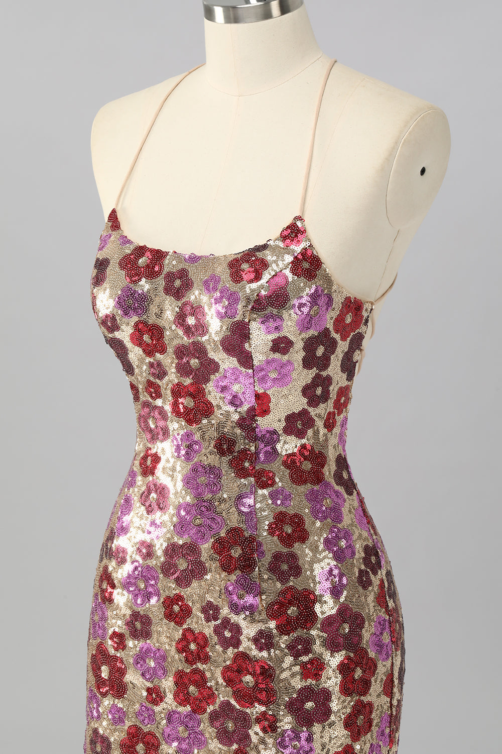 Sparkly Red Floral Sequin Tight Short Criss Cross Back Cocktail Dress