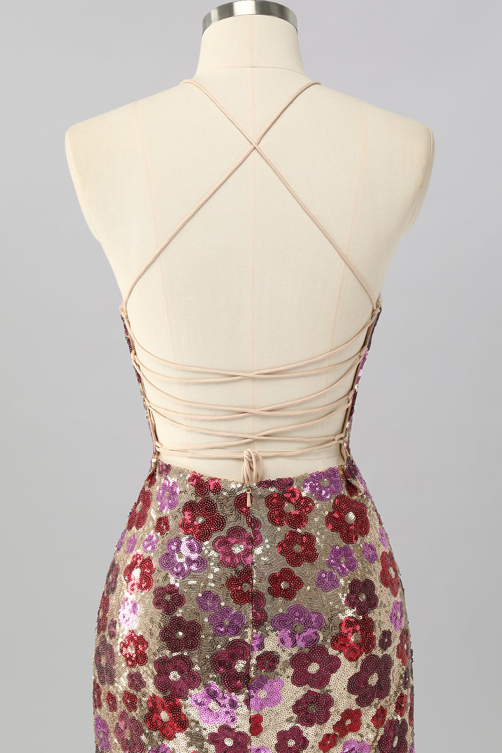 Sparkly Red Floral Sequin Tight Short Criss Cross Back Cocktail Dress