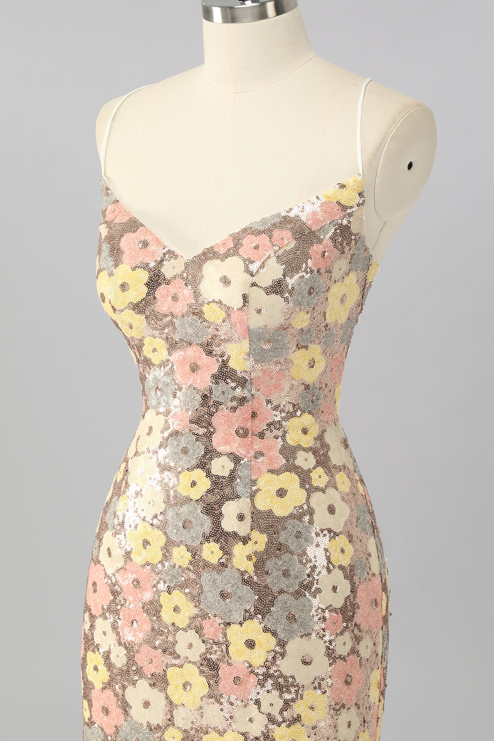 Sparkly Yellow Sequin Floral Lace up Back Tight Short Cocktail Dress