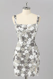 Silver Sequins Tight Short Sparkly Cocktail Dress with Slit