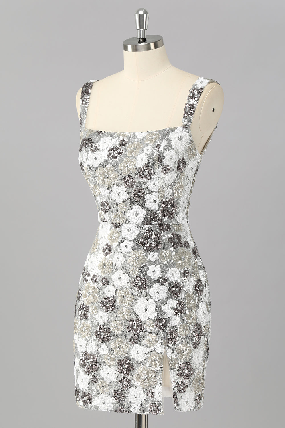 Silver Sequins Tight Short Sparkly Cocktail Dress with Slit