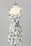 Silver Sequins Tight Short Sparkly Cocktail Dress with Slit