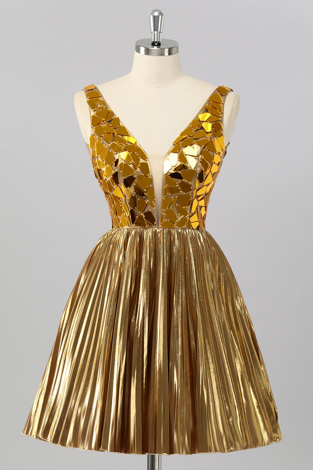 Golden A Line Mirror Short Metallic Cocktail Dress