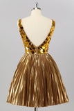 Golden A Line Mirror Short Metallic Cocktail Dress