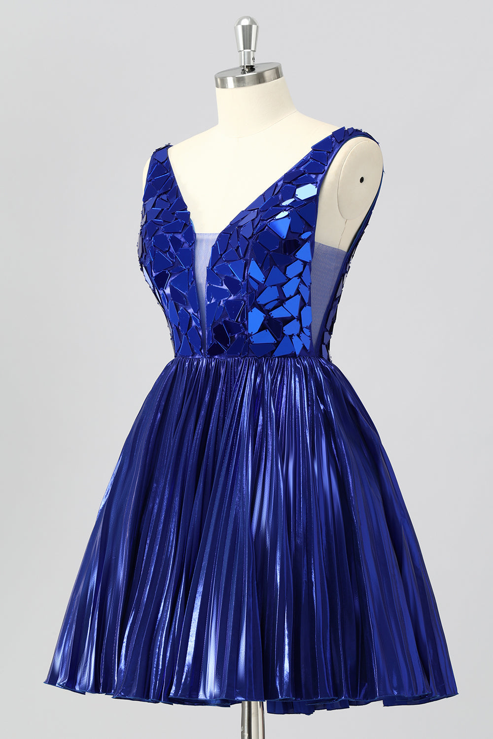 Royal Blue Mirror A Line Metallic Pleated Short Cocktail Dress