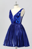 Royal Blue Mirror A Line Metallic Pleated Short Cocktail Dress