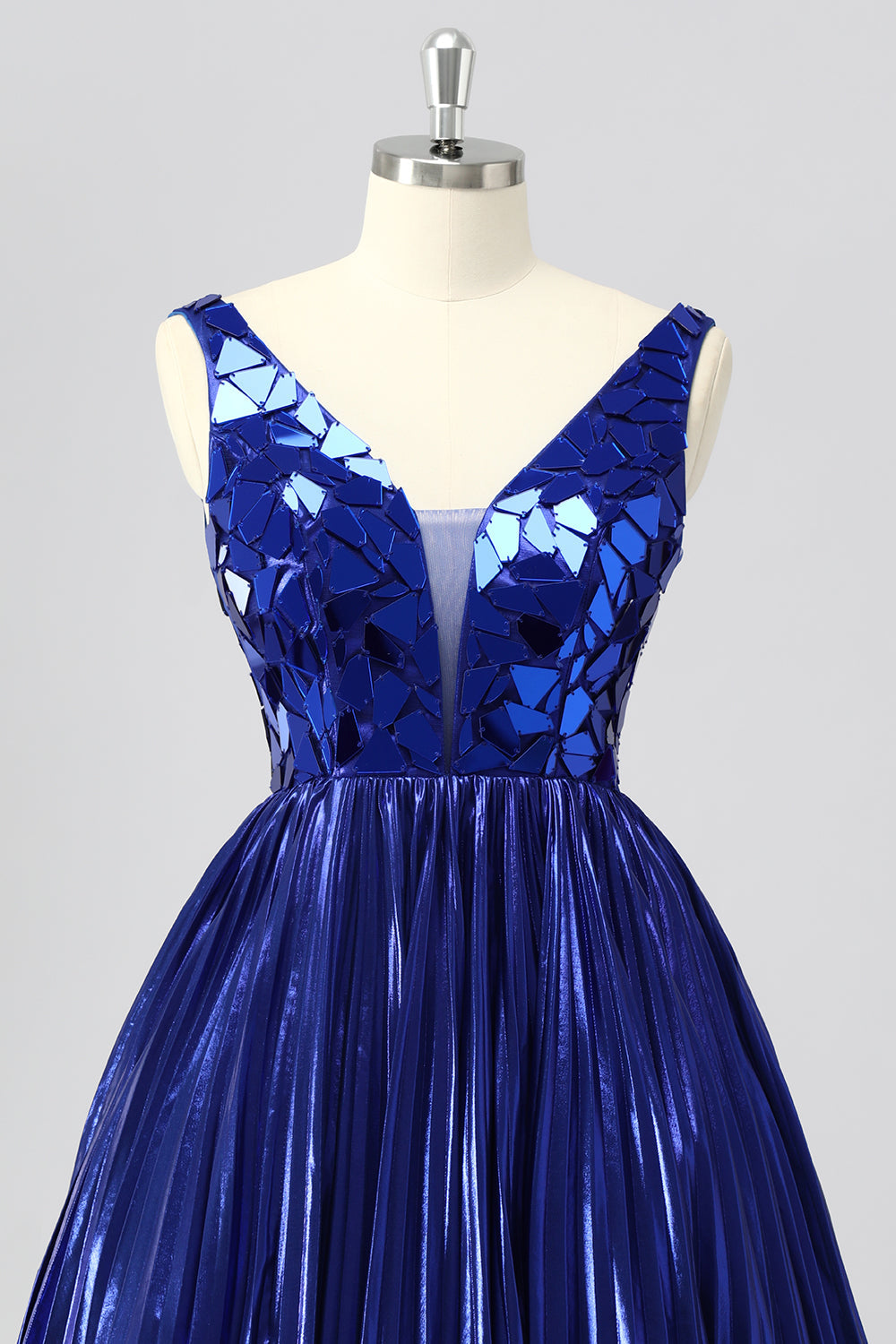 Royal Blue Mirror A Line Metallic Pleated Short Cocktail Dress