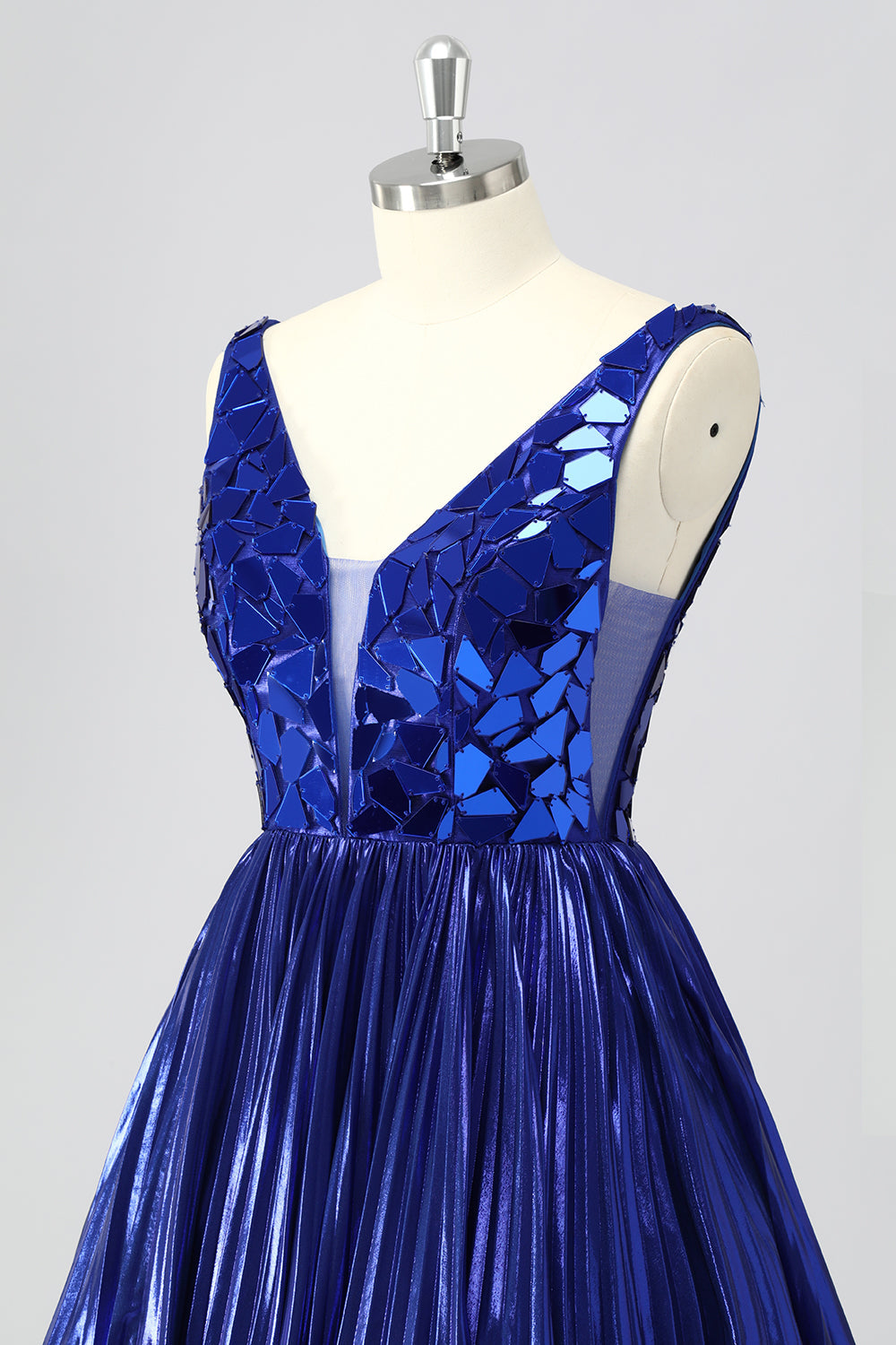 Royal Blue Mirror A Line Metallic Pleated Short Cocktail Dress
