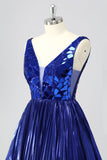 Royal Blue Mirror A Line Metallic Pleated Short Cocktail Dress