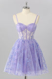 Sparkly Purple Floral Corset A Line Short Cocktail Dress