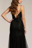 Sparkly Spaghetti Straps Mermaid Long Black Formal Dress with Beading