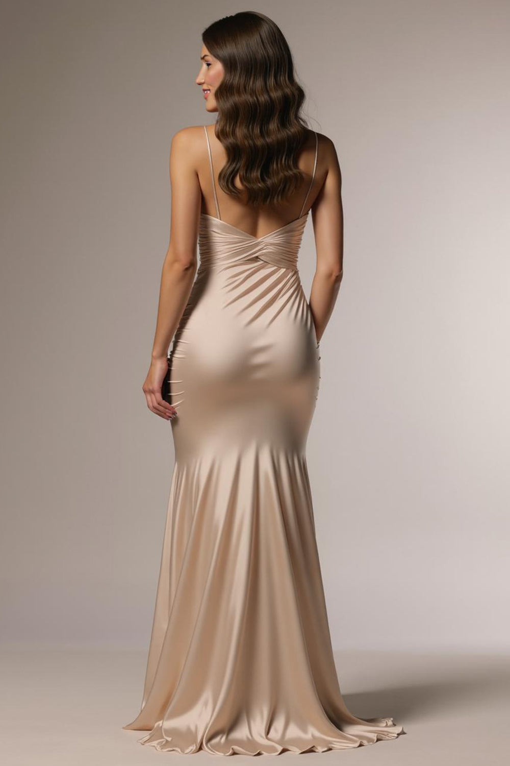 Champagne Spaghetti Straps Ruched Mermaid Maxi Formal Dress with Slit