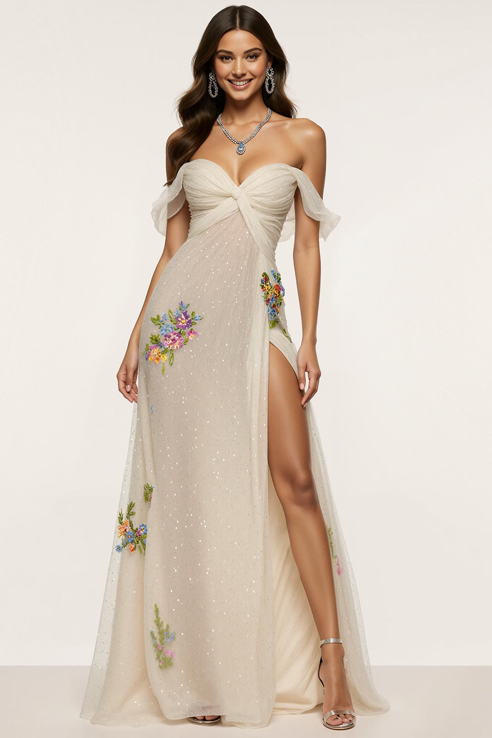 Leely Women Sparkly Ivory Maxi Floral Formal Dress with Slit Off the Shoulder Mermaid Holiday Party Dress