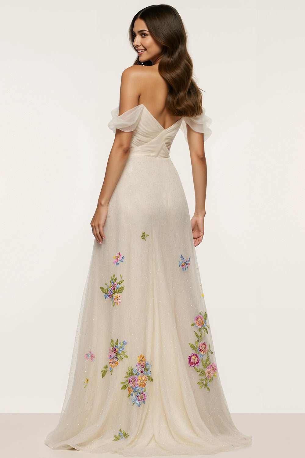 Sparkly Ivory Floral Off the Shoulder Maxi Formal Dress with Slit