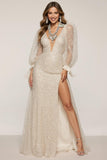 Sparkly Ivory Sequin V-Neck Mermaid Maxi Formal Dress with Slit