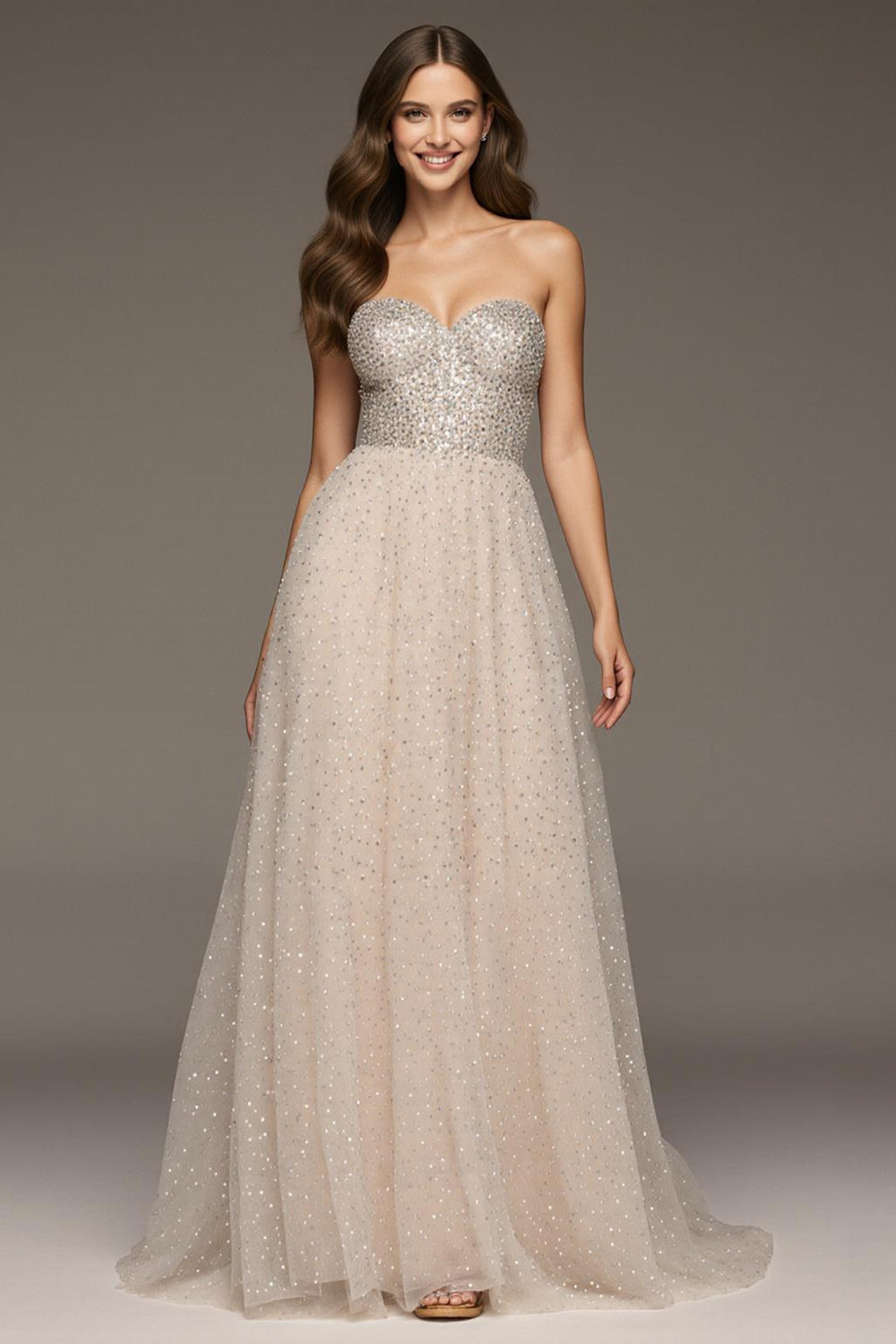 Sparkly Ivory Sweetheart Sequin A-Line Maxi Formal Dress
