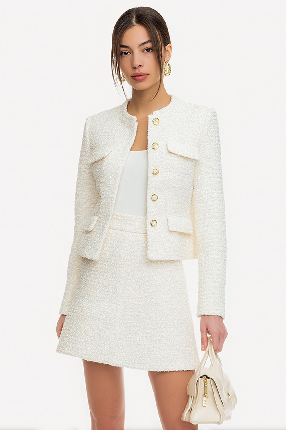 2 Piece White Single Breasted A Line Short Tweed Outfits