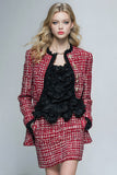 2 Piece Red Grid Tight Short Tweed Outfits with Ruffles