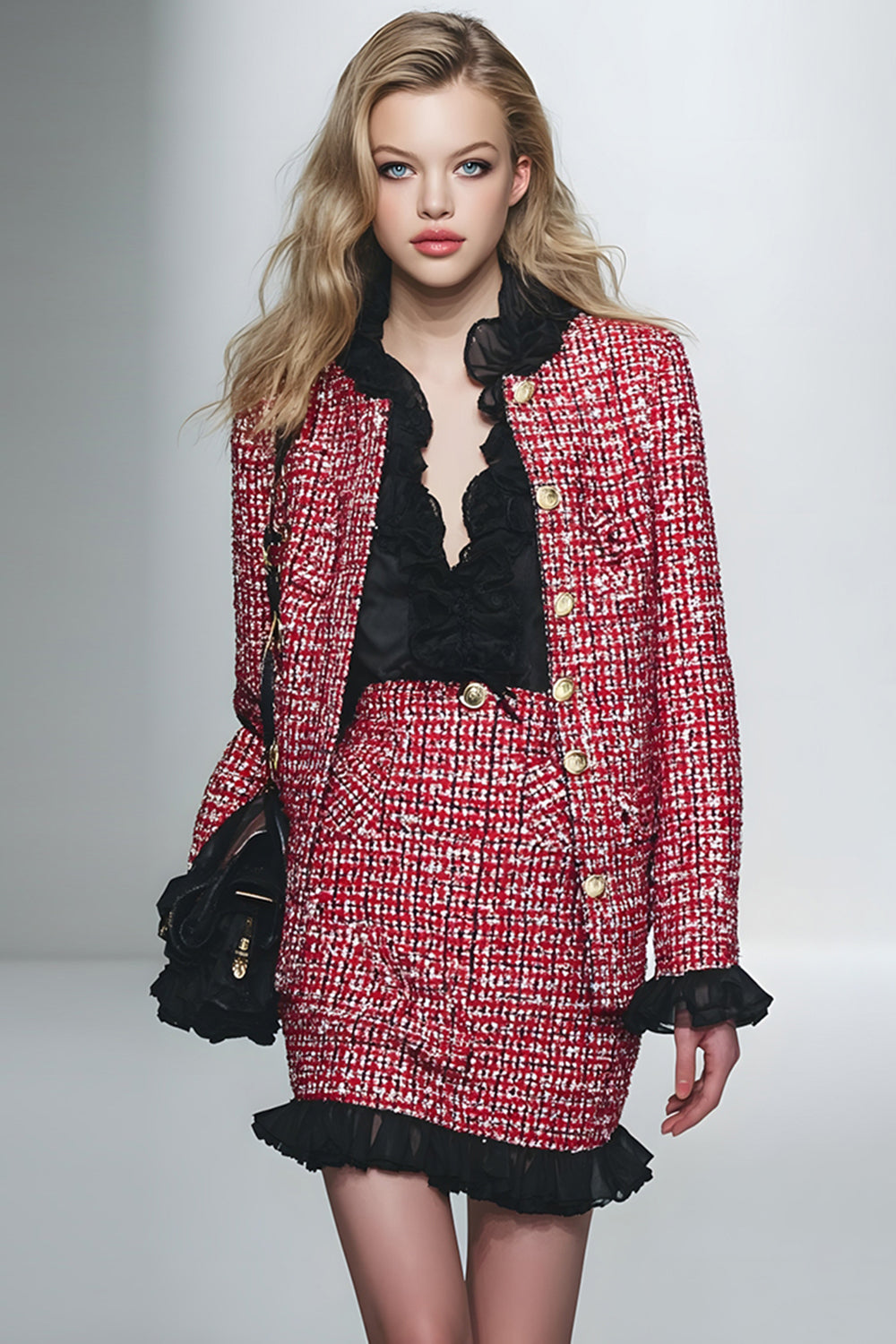 Red Black Grid Pencil 2 Piece Short Tweed Outfits with Ruffles