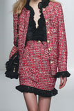 Red Black Grid Pencil 2 Piece Short Tweed Outfits with Ruffles