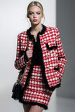 Red Grid 2 Piece Single Breasted Pencil Short Tweed Interview Outfits